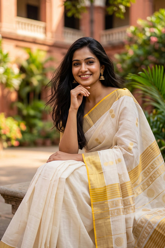 Off White Cotton Kerala Saree - Seematti