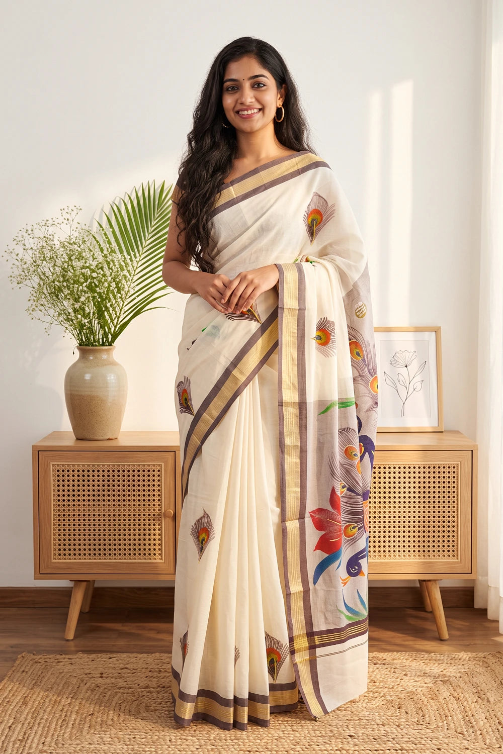 Off White Cotton Kerala Saree