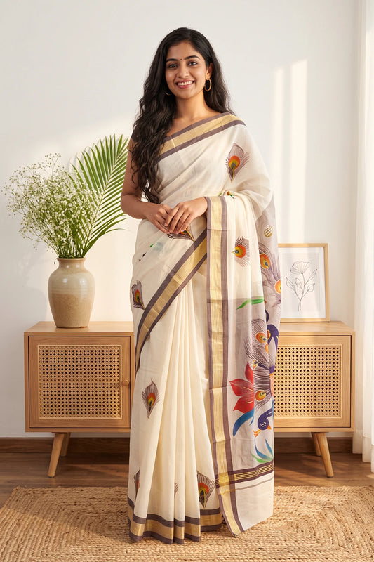 Off White Cotton Kerala Saree - Seematti