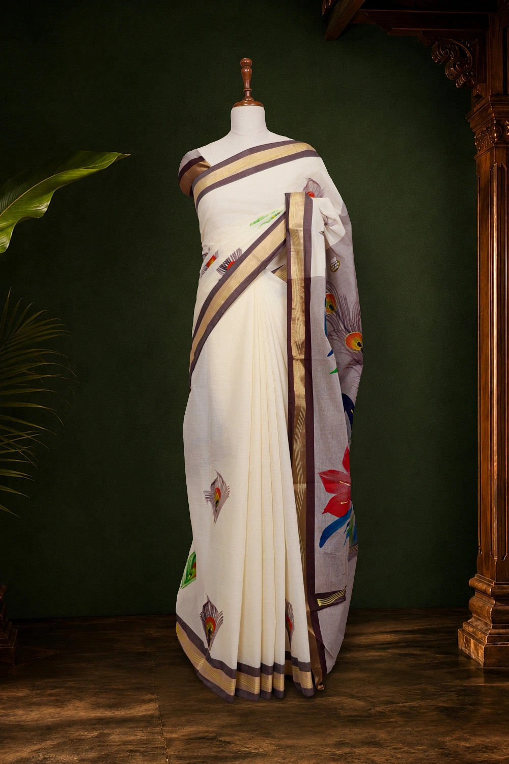Off White Cotton Kerala Saree