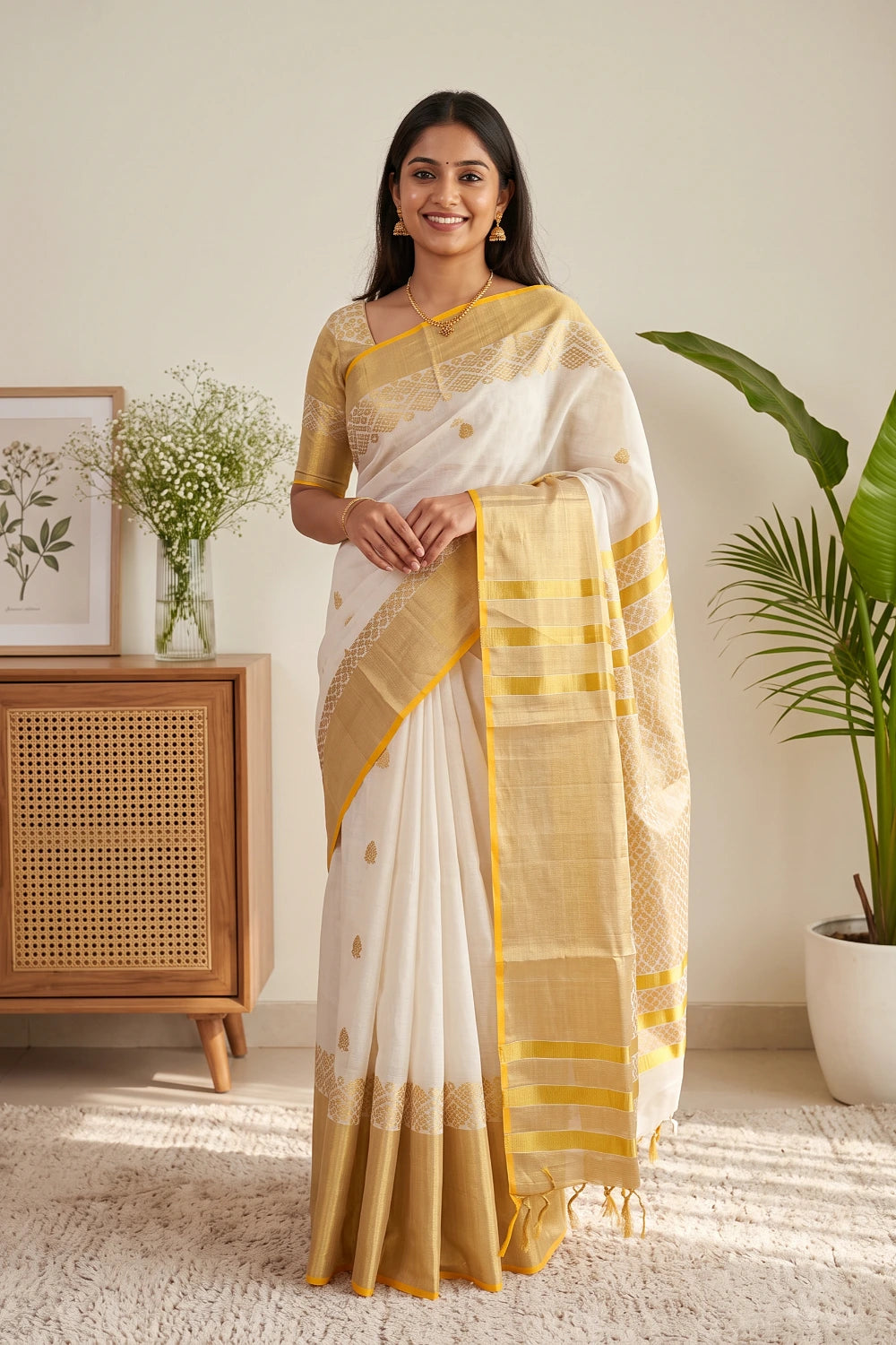 Off White Cotton Kerala Saree