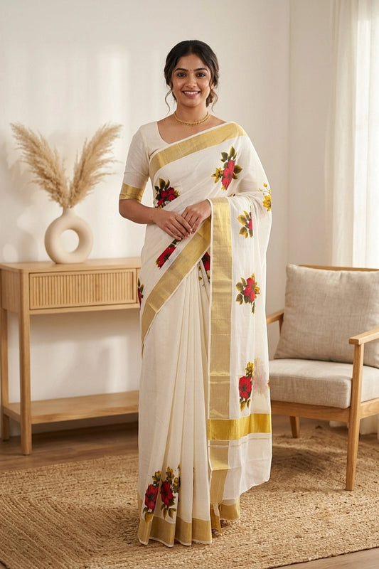 Off White Cotton Kerala Saree - Seematti