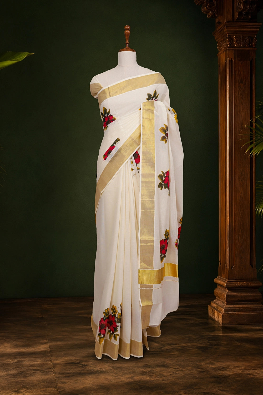 Off White Cotton Kerala Saree