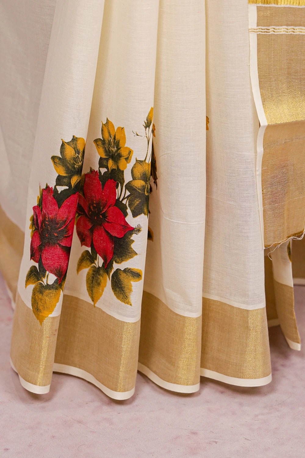 Off White Cotton Kerala Saree