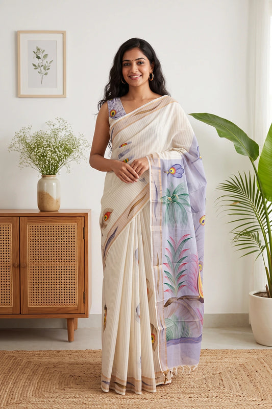 Off White Cotton Kerala Saree - Seematti