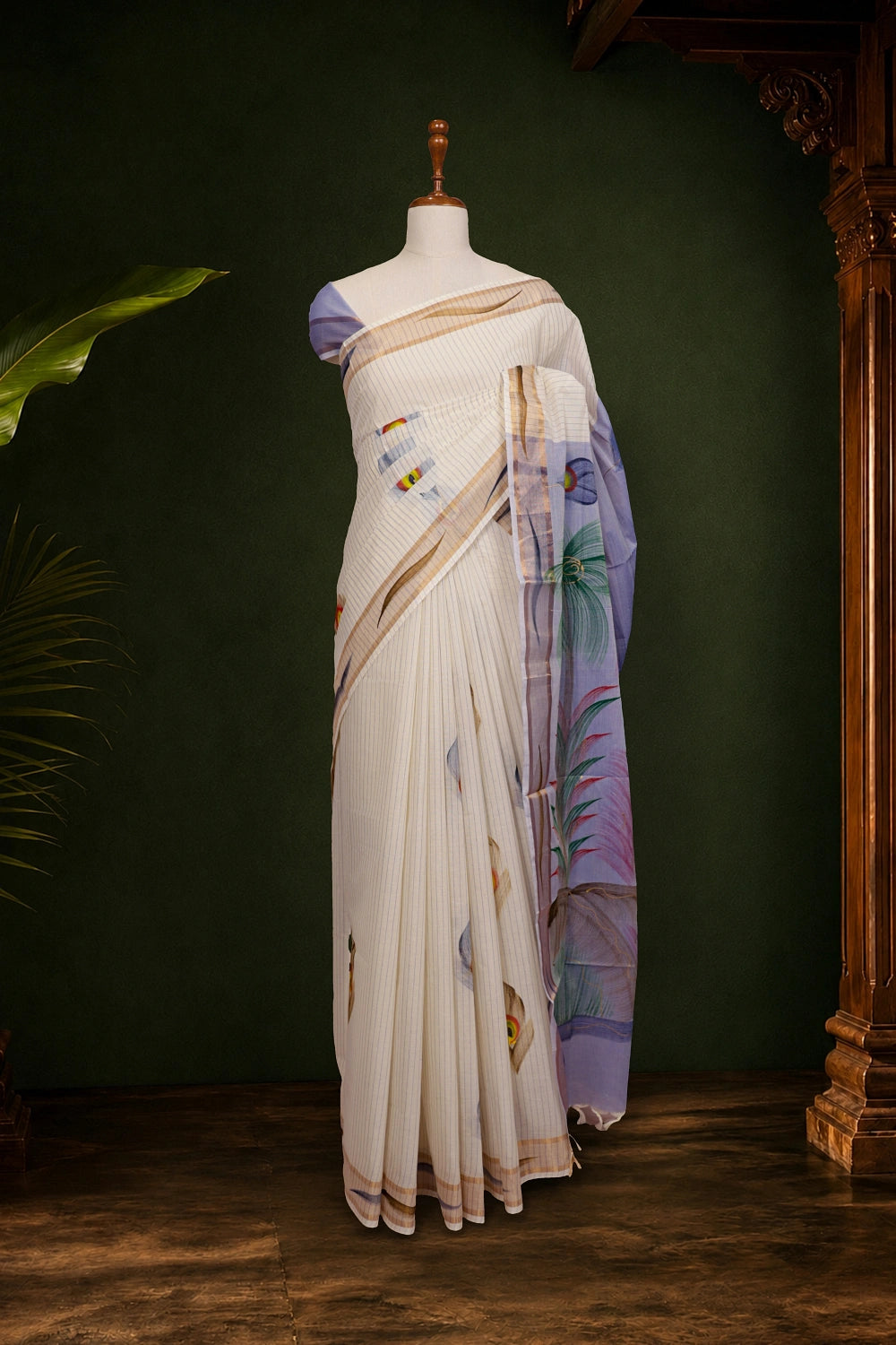 Off White Cotton Kerala Saree