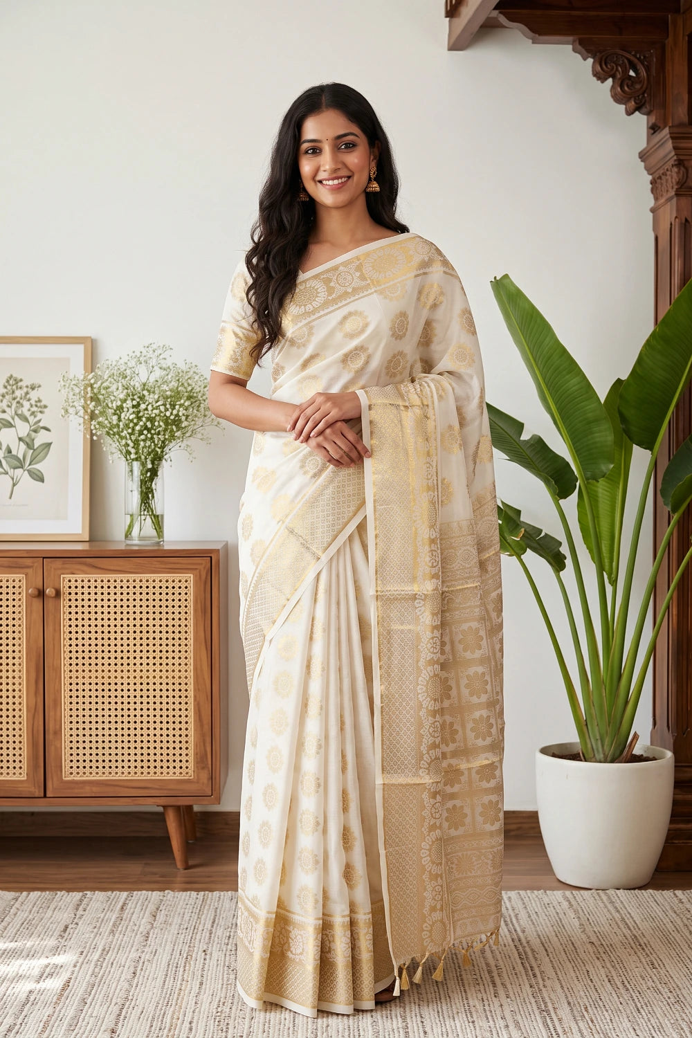 Off White Cotton Kerala Saree