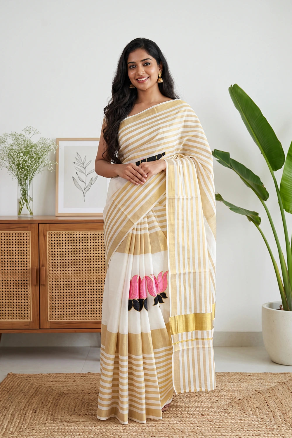 Off White Cotton Kerala Saree