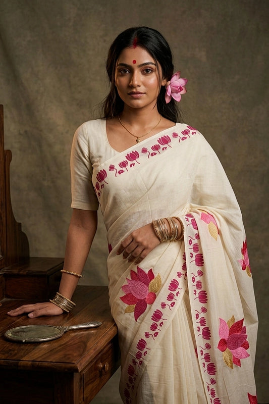 Cream Cotton Kerala Saree - Seematti