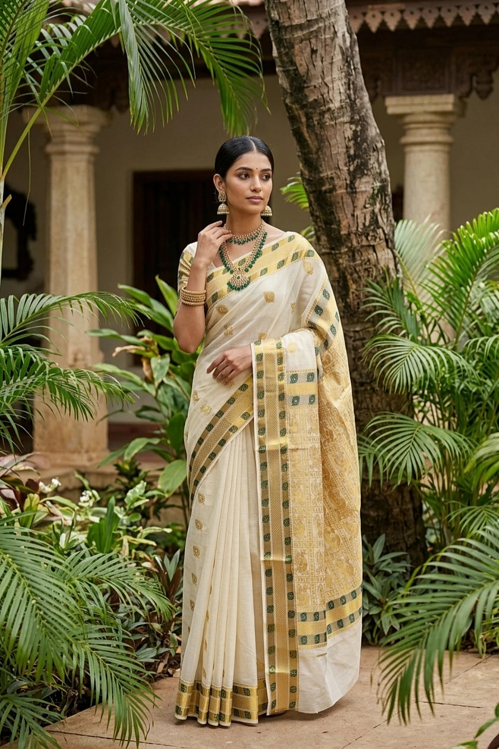 Off White Cotton Kerala Saree
