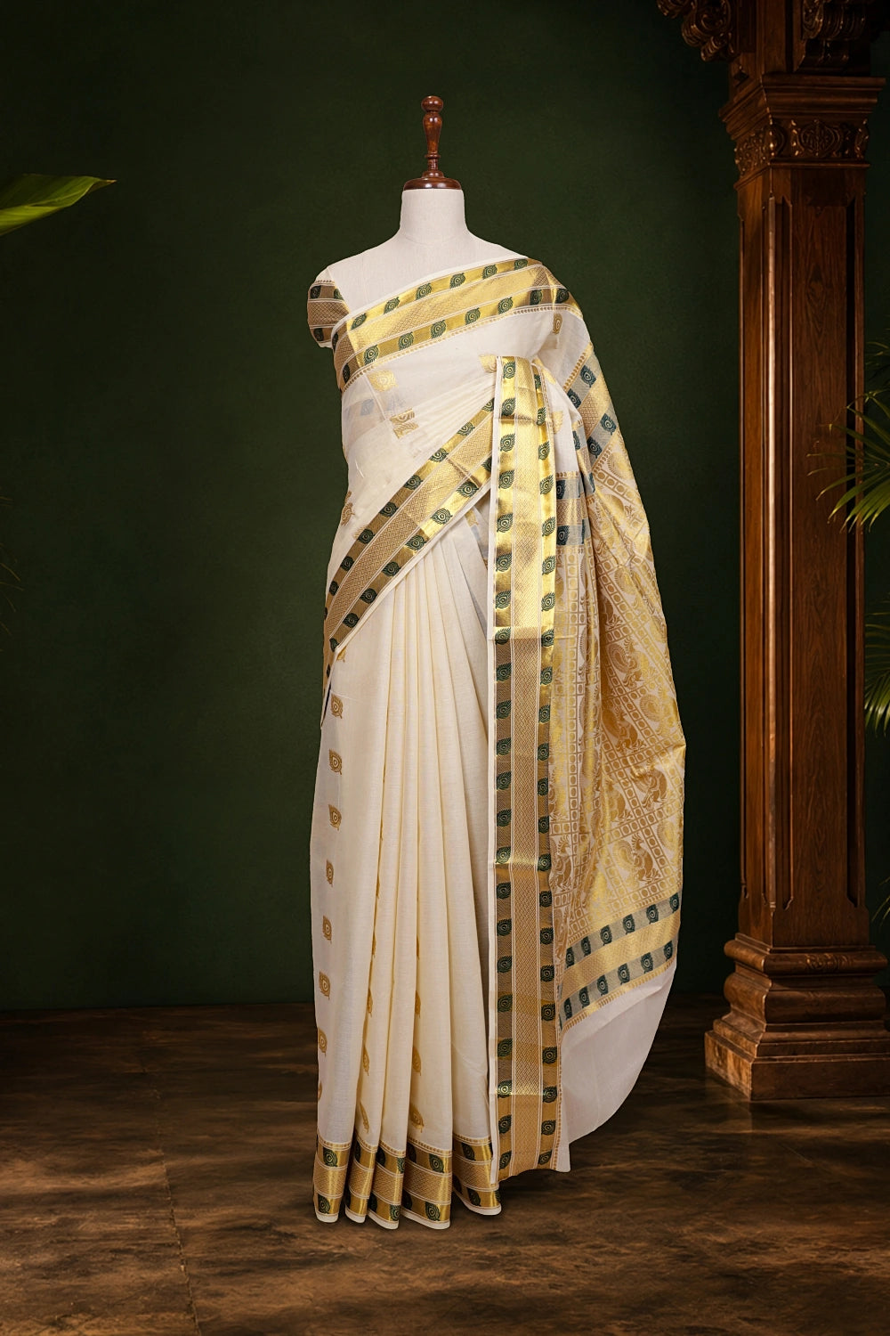 Off White Cotton Kerala Saree