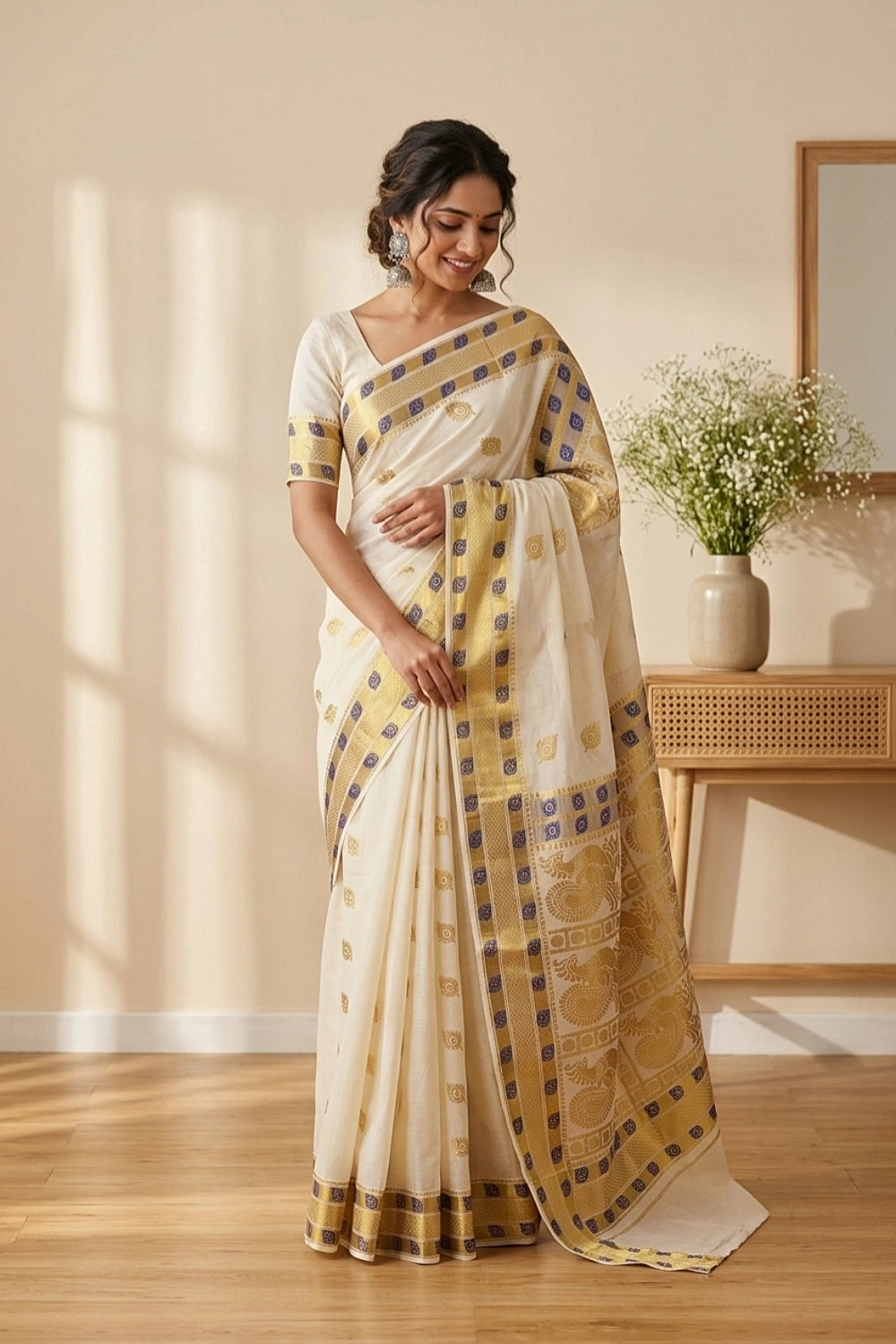 Off White Cotton Kerala Saree