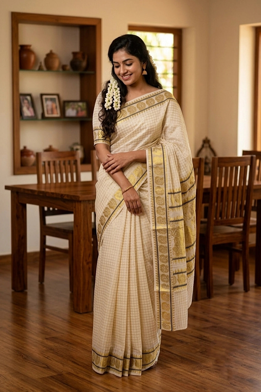 Off White Cotton Kerala Saree