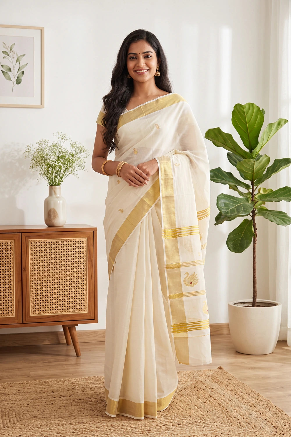 Off White Cotton Kerala Saree