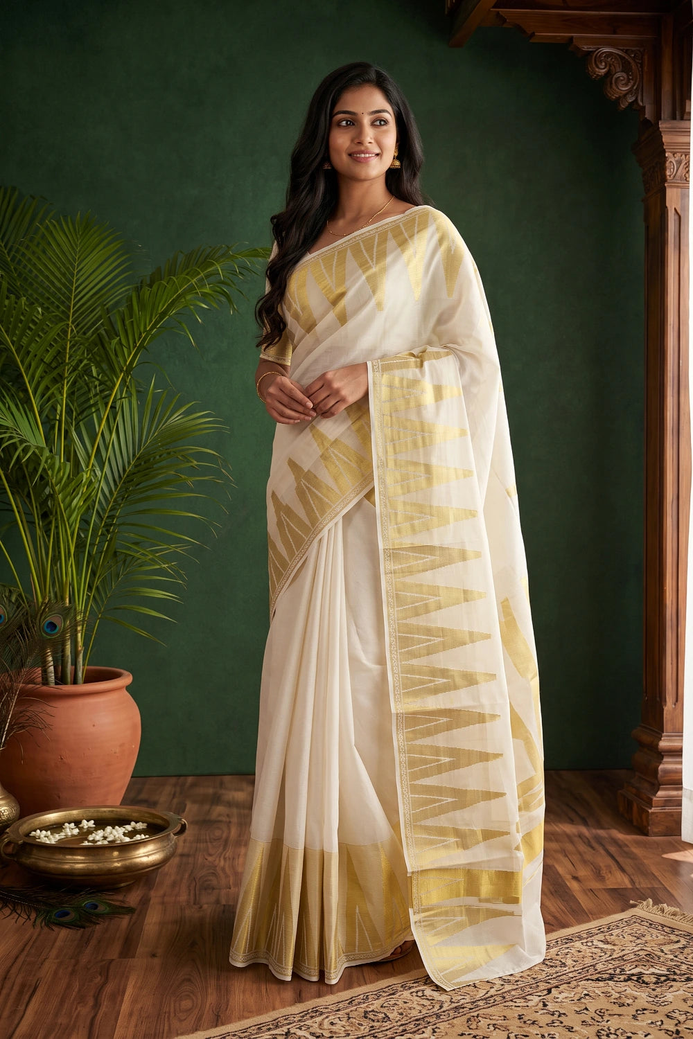 Off White Cotton Kerala Saree