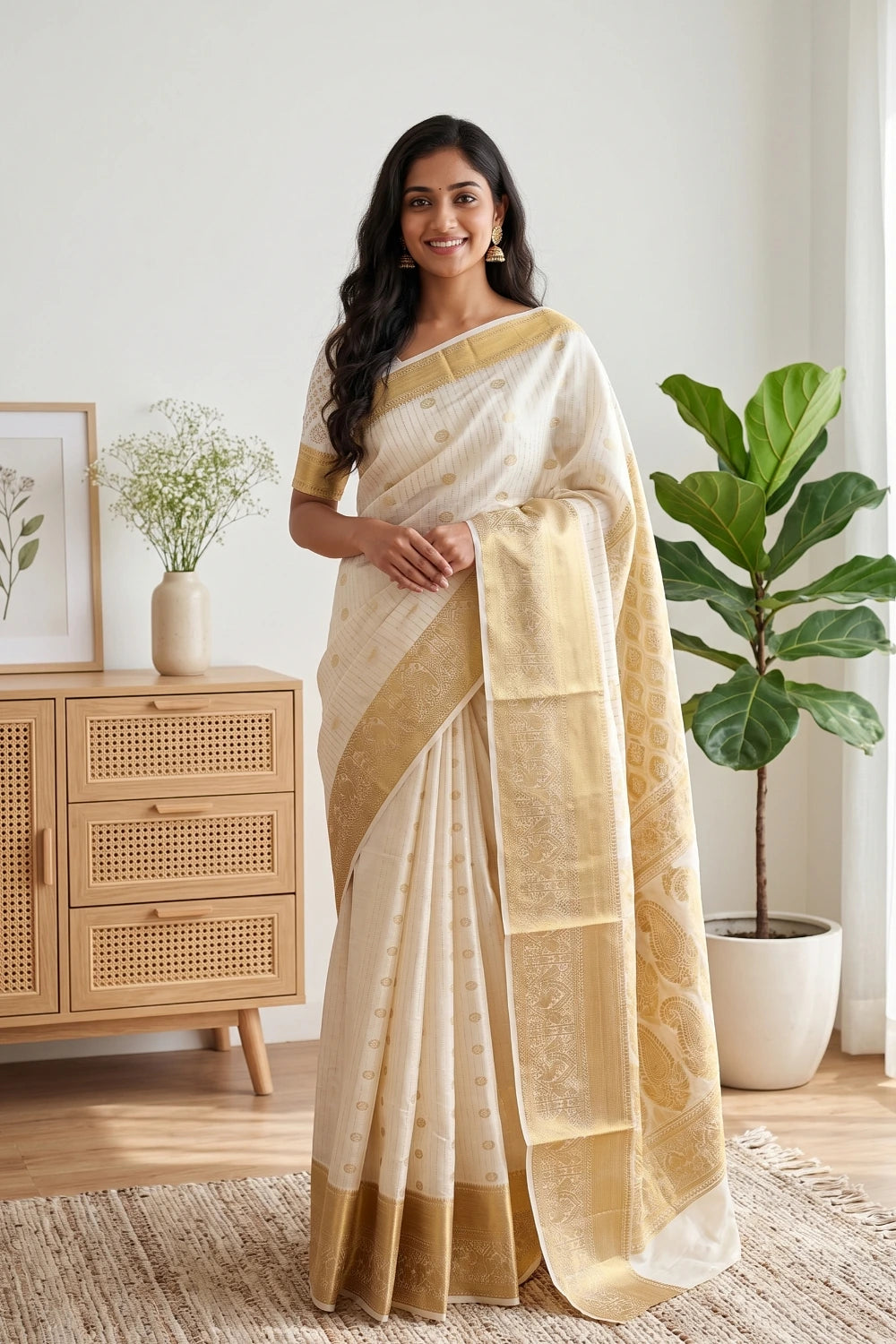 Off White Cotton Kerala Saree