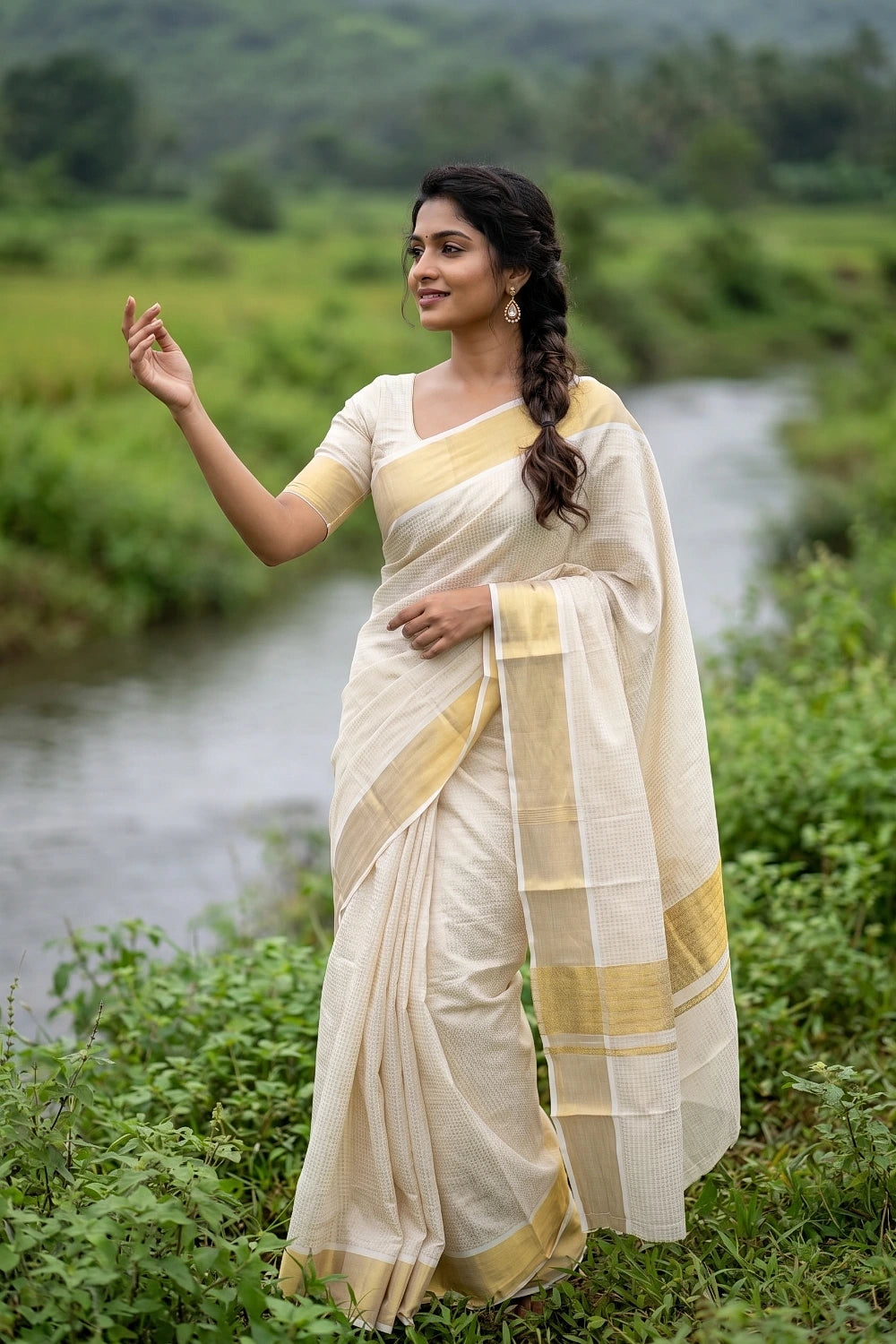 Off White Cotton Kerala Saree