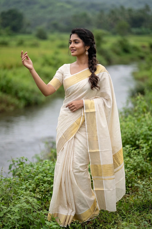 Off White Cotton Kerala Saree - Seematti