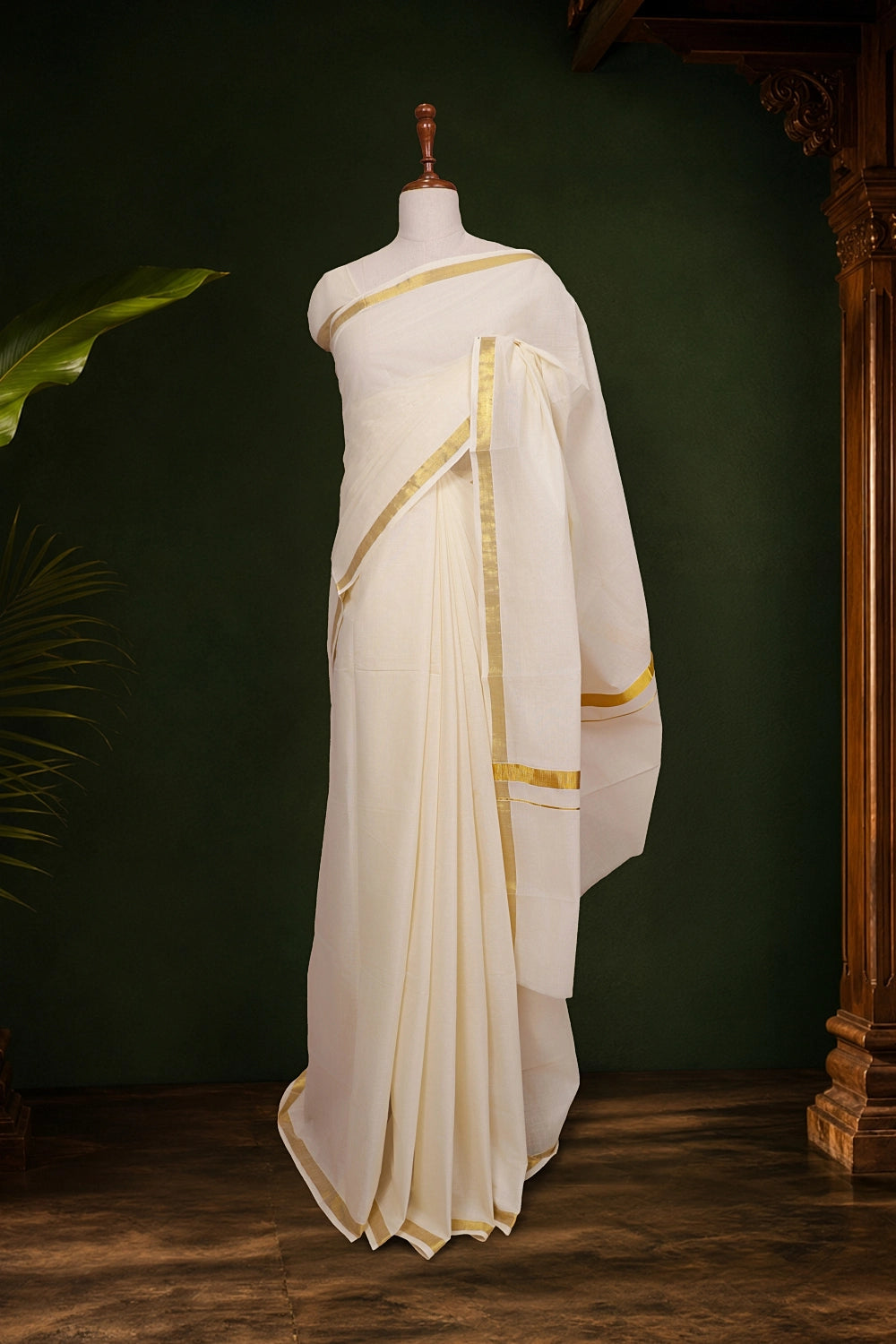 Off White Cotton Kerala Saree - Seematti