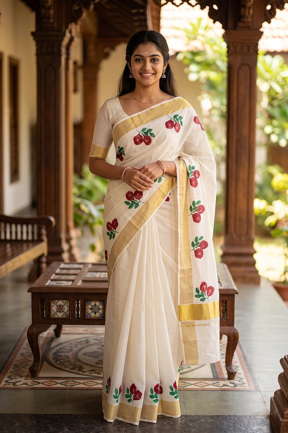 Off White Cotton Kerala Saree