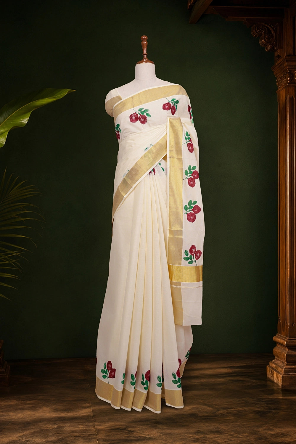Off White Cotton Kerala Saree