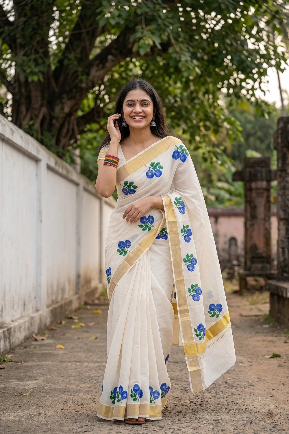 Off White Cotton Kerala Saree