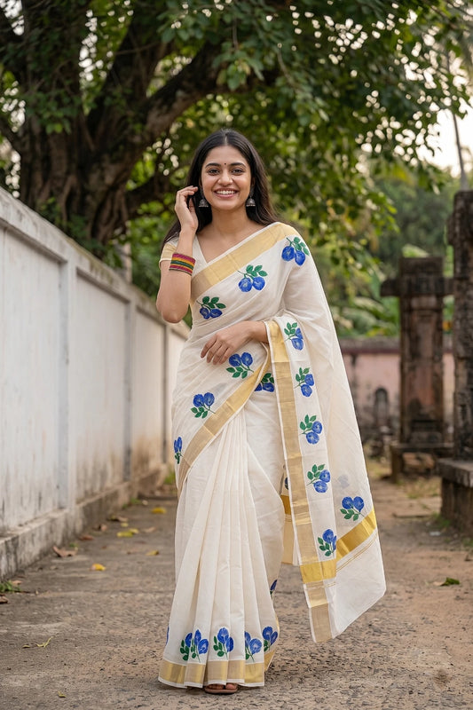 Off White Cotton Kerala Saree