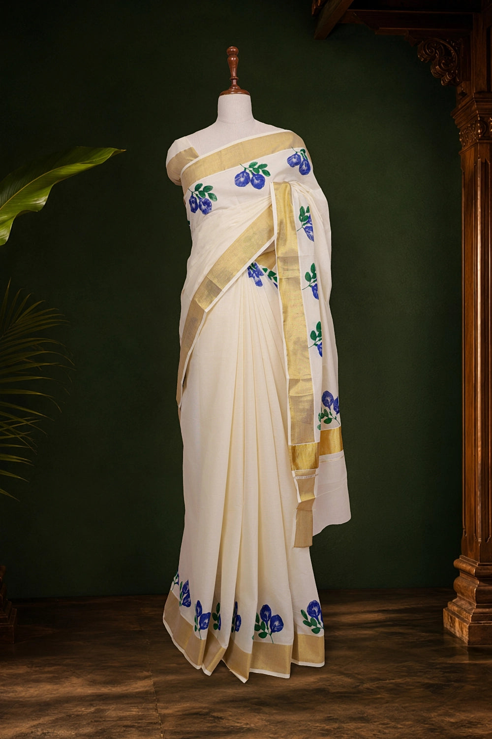 Off White Cotton Kerala Saree