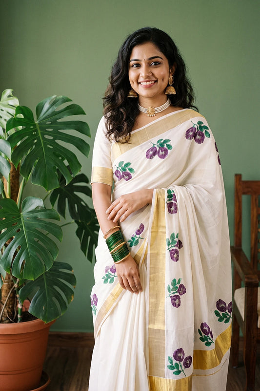 Off White Cotton Kerala Saree