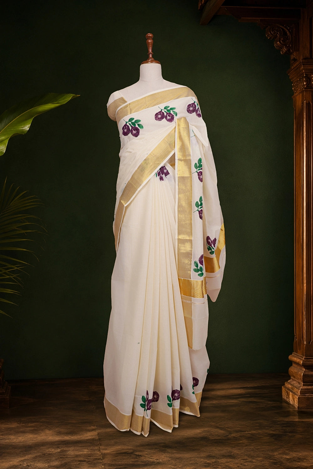 Off White Cotton Kerala Saree