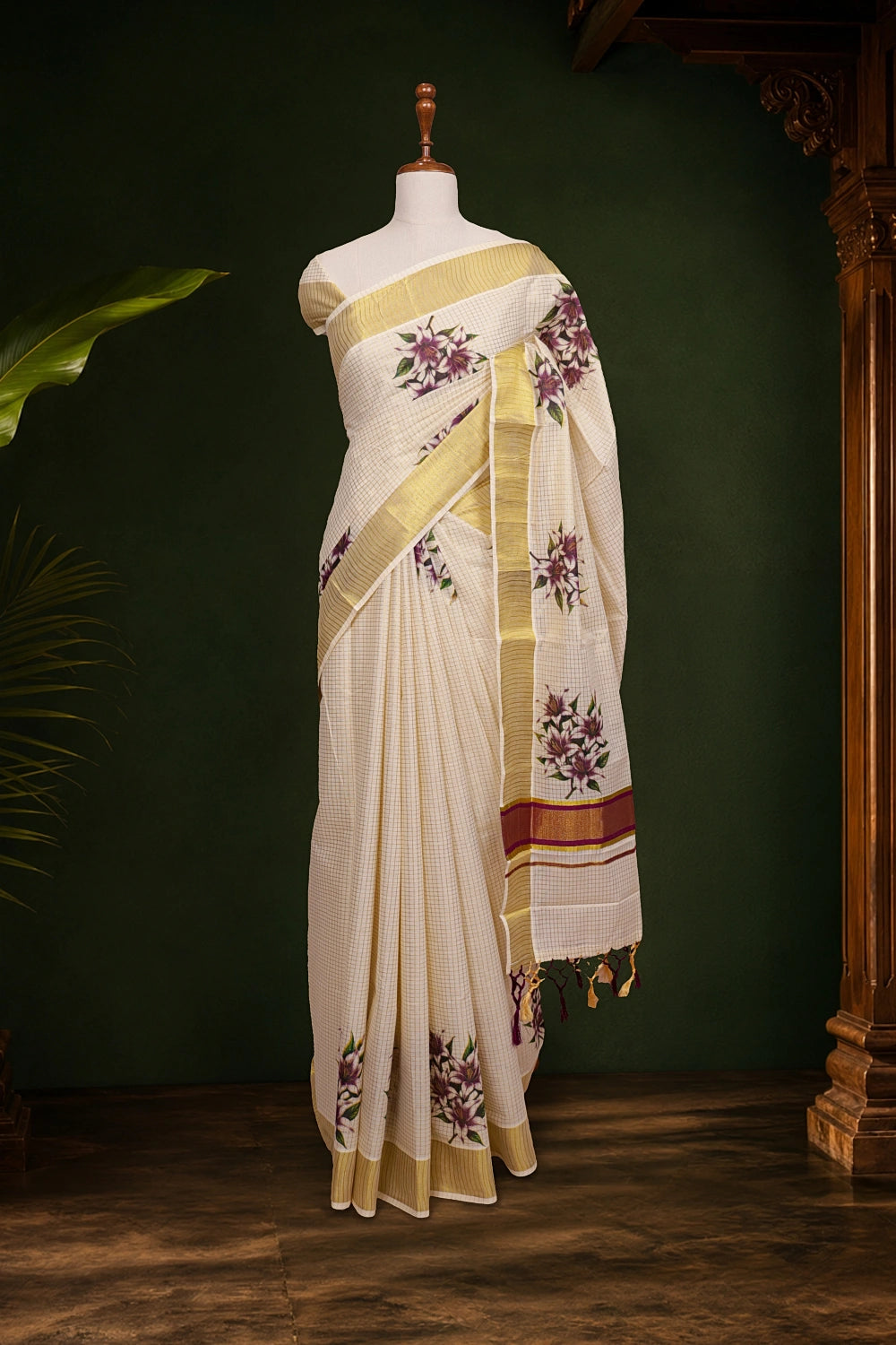 Off White Cotton Kerala Saree