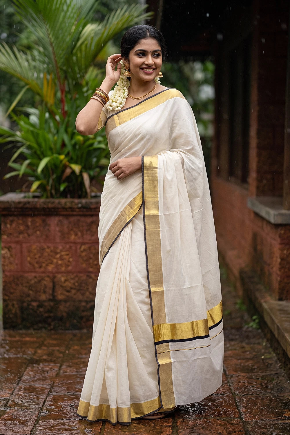 Off White Cotton Kerala Saree