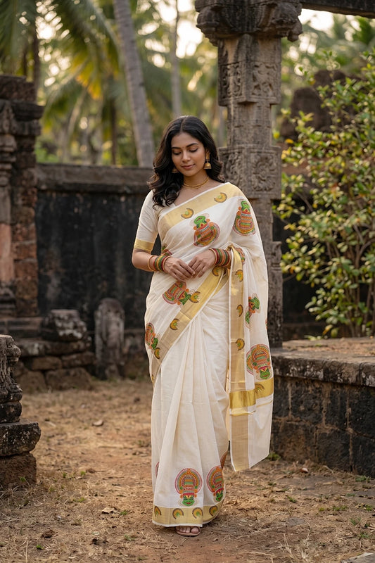 Off White Cotton Kerala Saree