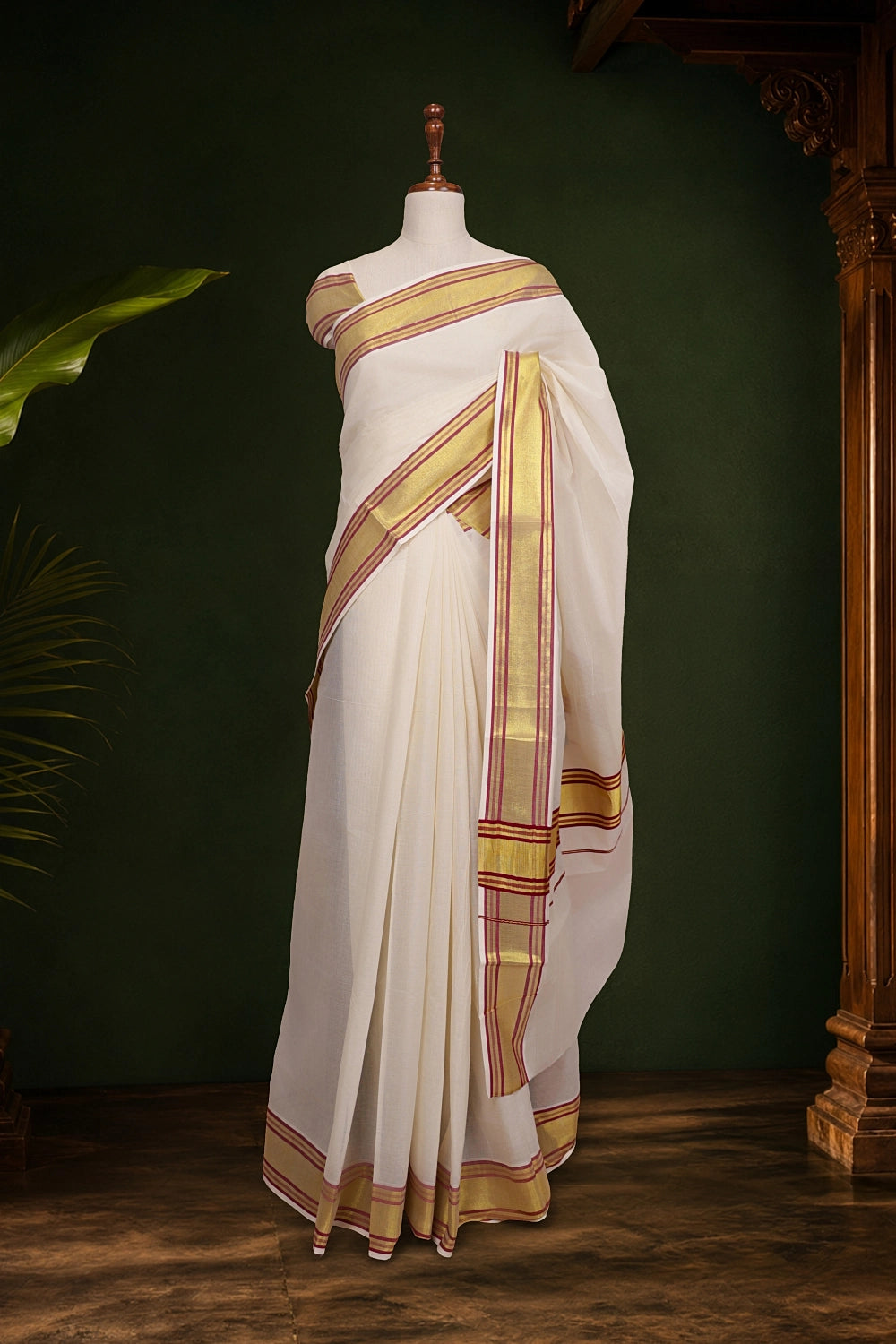 Off White Cotton Kerala Saree