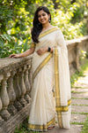 Off White Cotton Kerala Saree - Seematti