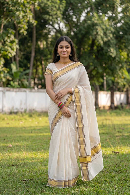 Off White Cotton Kerala Saree