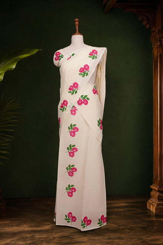 Off White Cotton Kerala Set Mundu - Seematti
