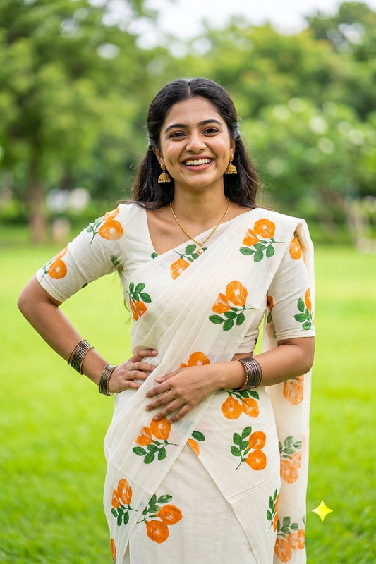 Off White Cotton Kerala Set Mundu
