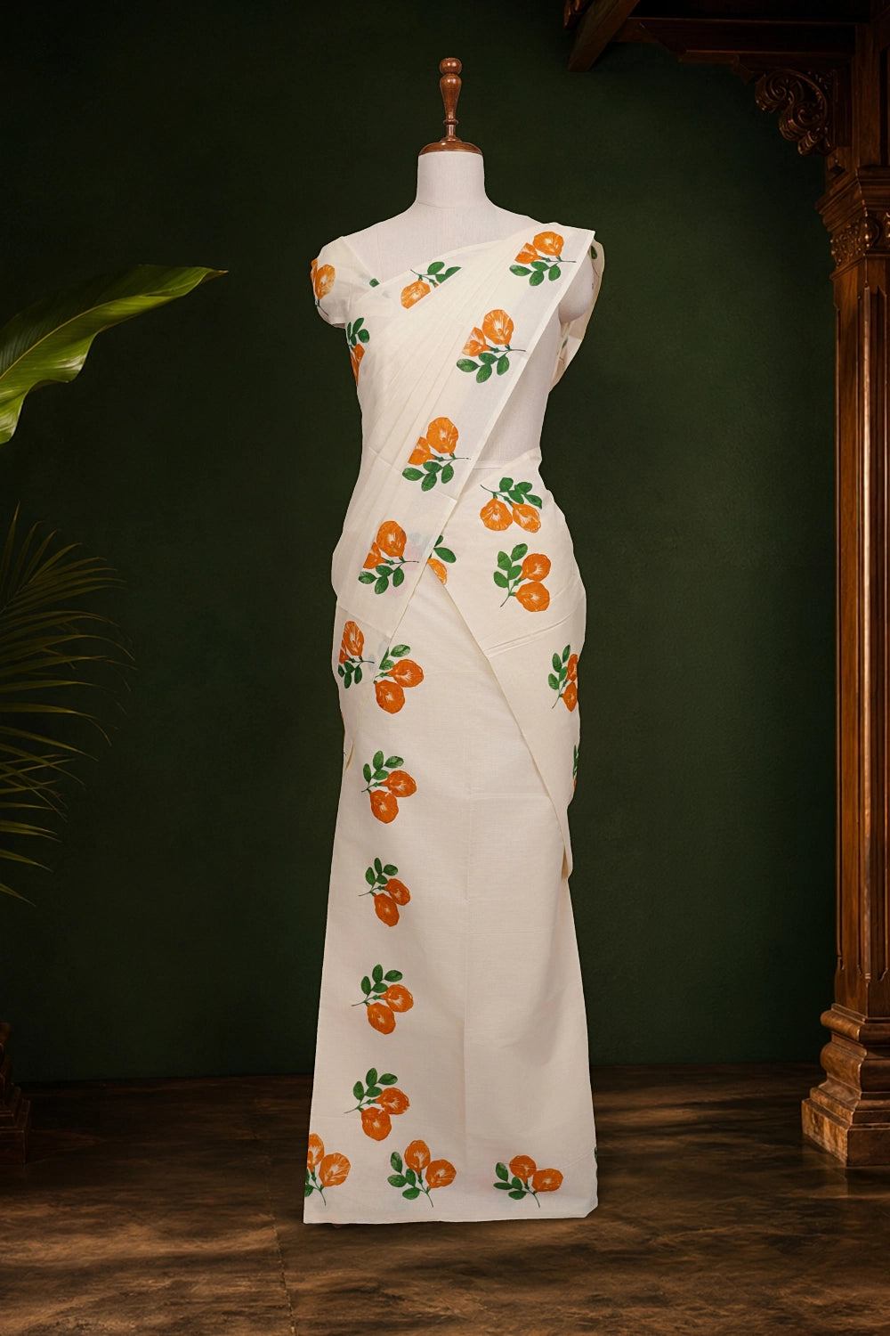 Off White Cotton Kerala Set Mundu