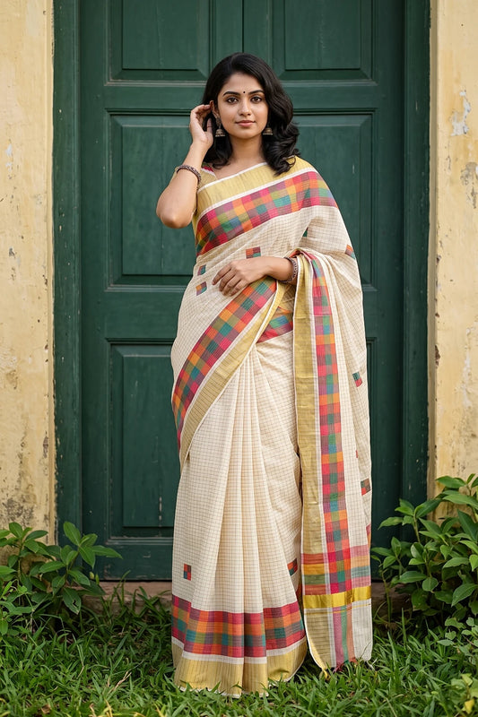 Off White Cotton Kerala Saree