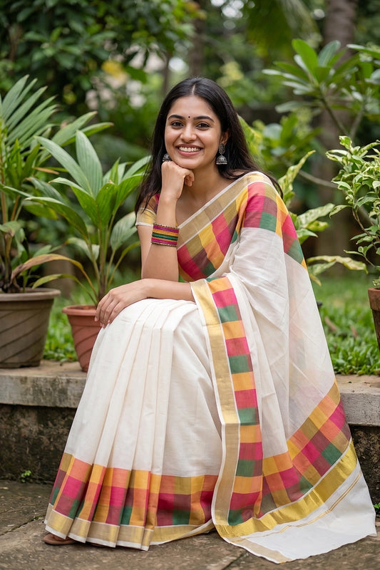 Off White Cotton Kerala Saree