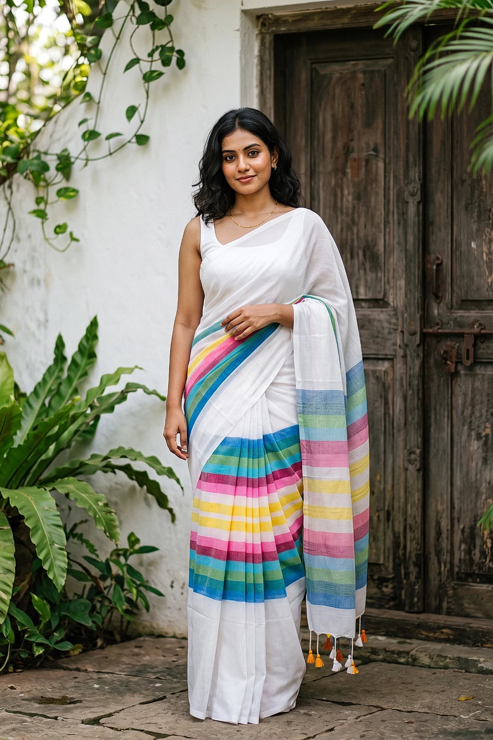 White Colour Semi Linen Saree