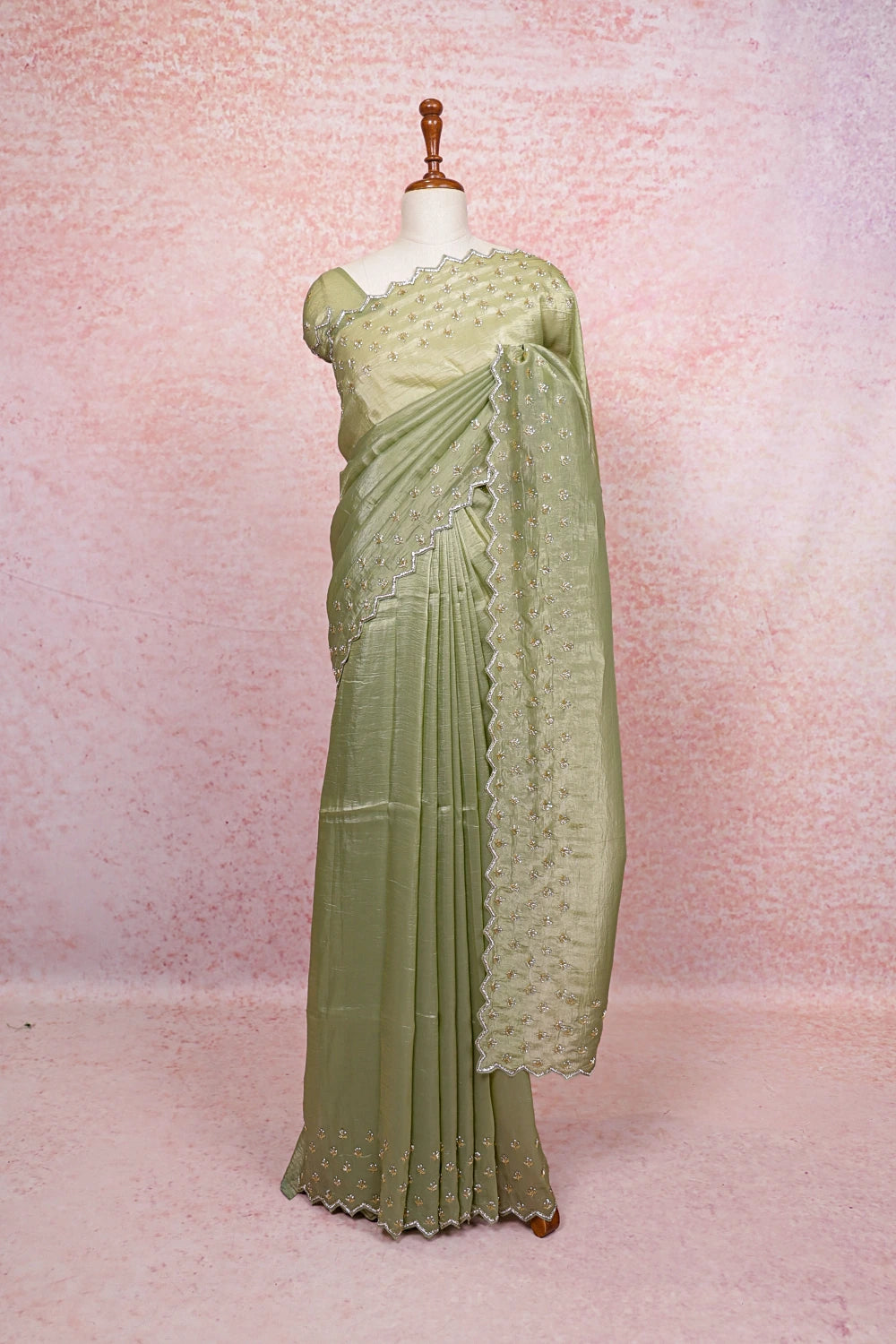 Olive Green Tussar Organza Saree