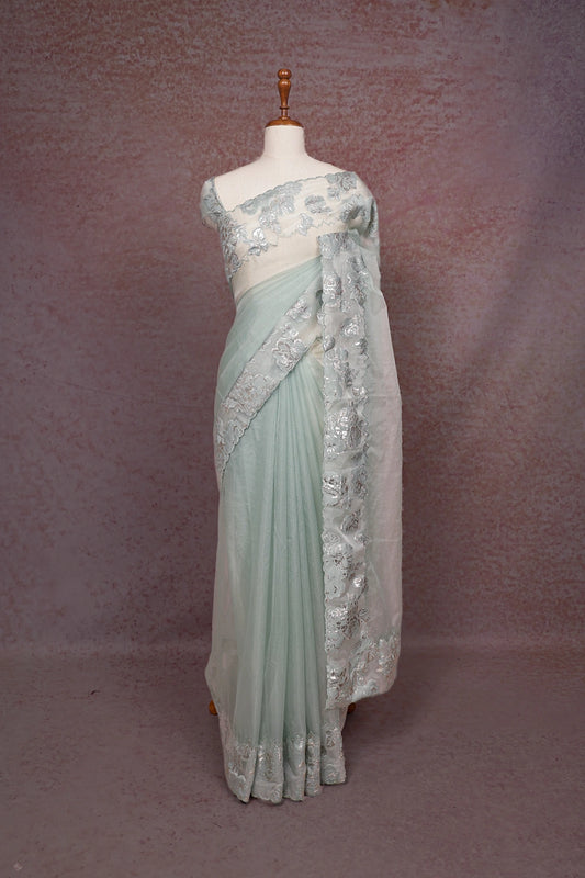Pastel Blue Organza Saree - Seematti
