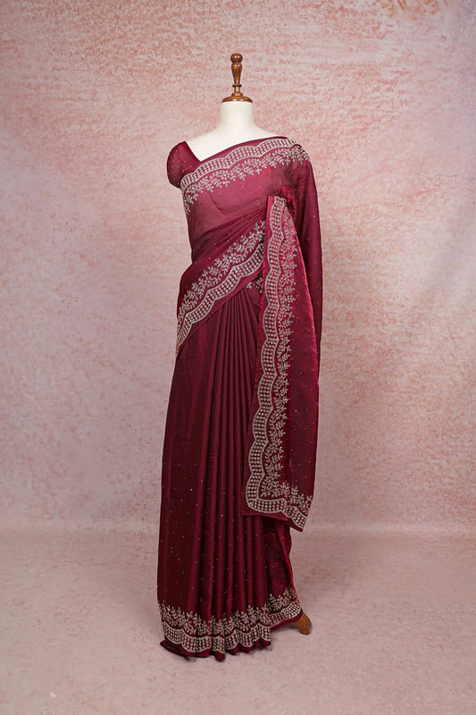 Wine Velvet Organza Saree - Seematti