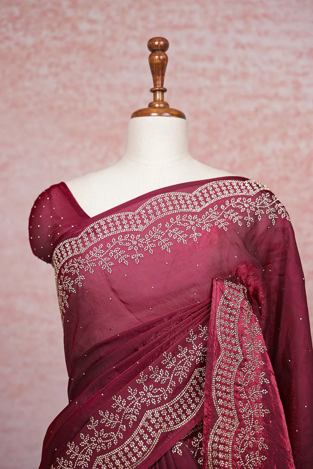 Wine Velvet Organza Saree