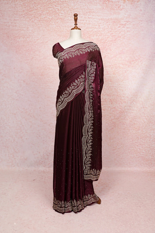 Grape Wine Velvet Organza Saree - Seematti