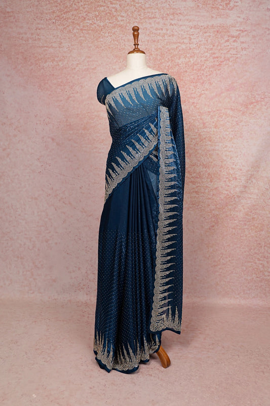 Peacock Blue Velvet Organza Saree - Seematti