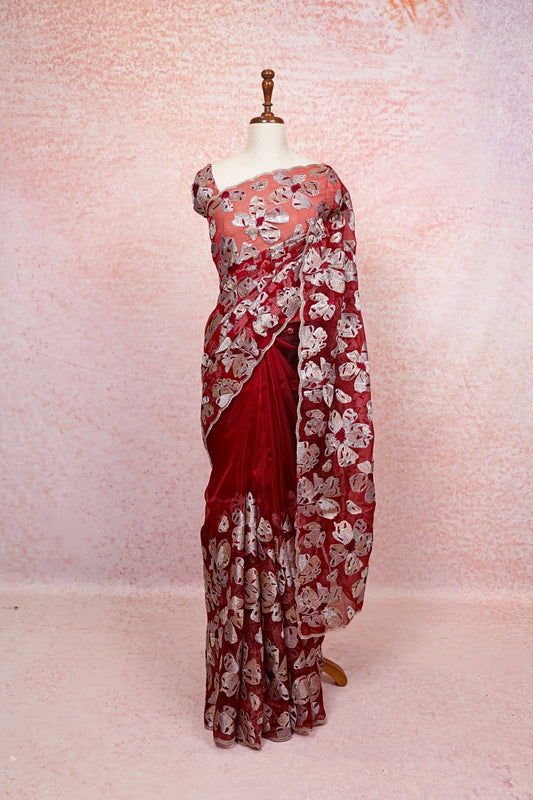 Maroon Glass Organza Saree - Seematti