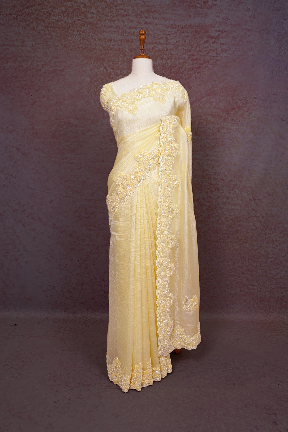 Butter Yellow Crush Organza Saree